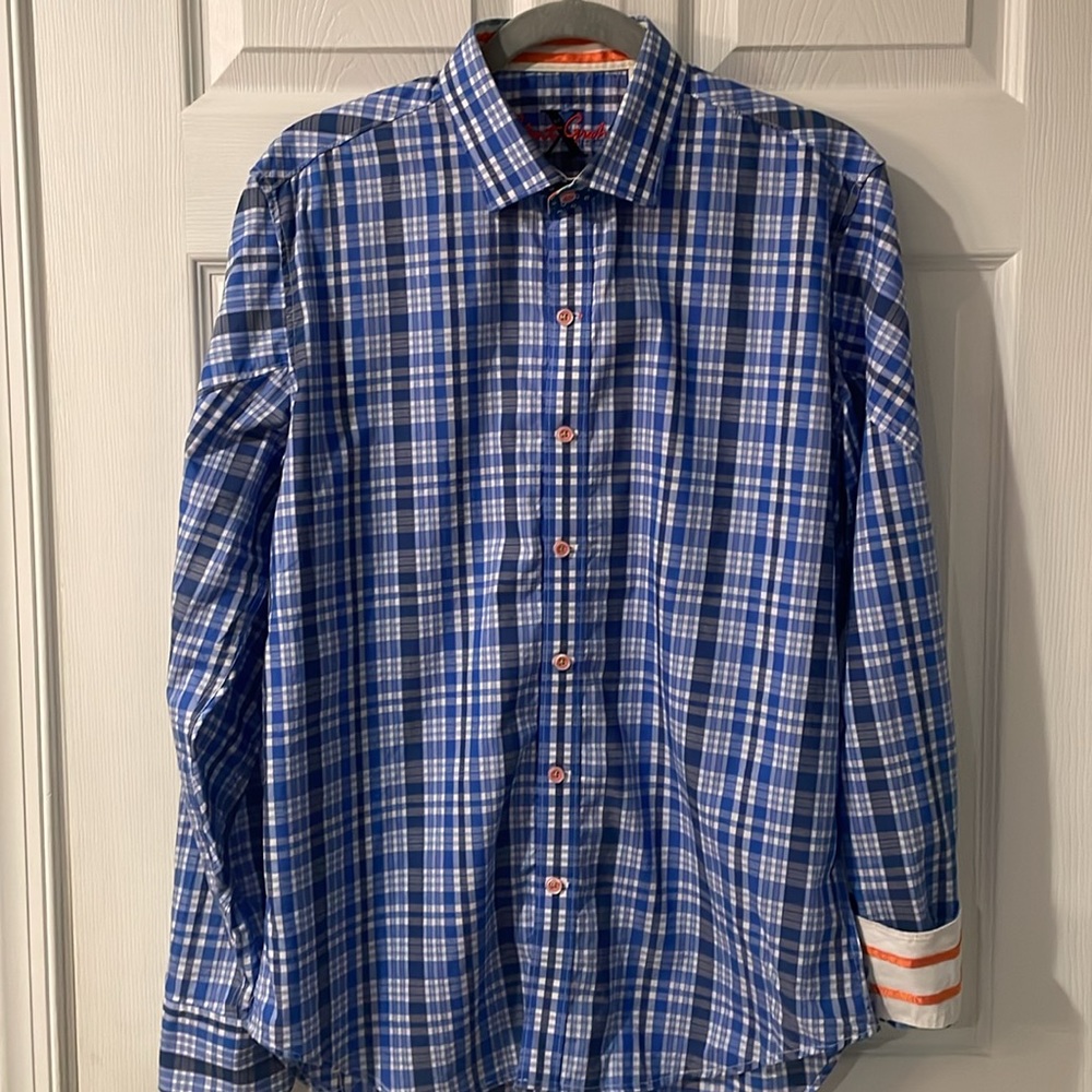 ROBERT GRAHAM "X" Size Medium Blue and White Plaid Long-Sleeve Shirt